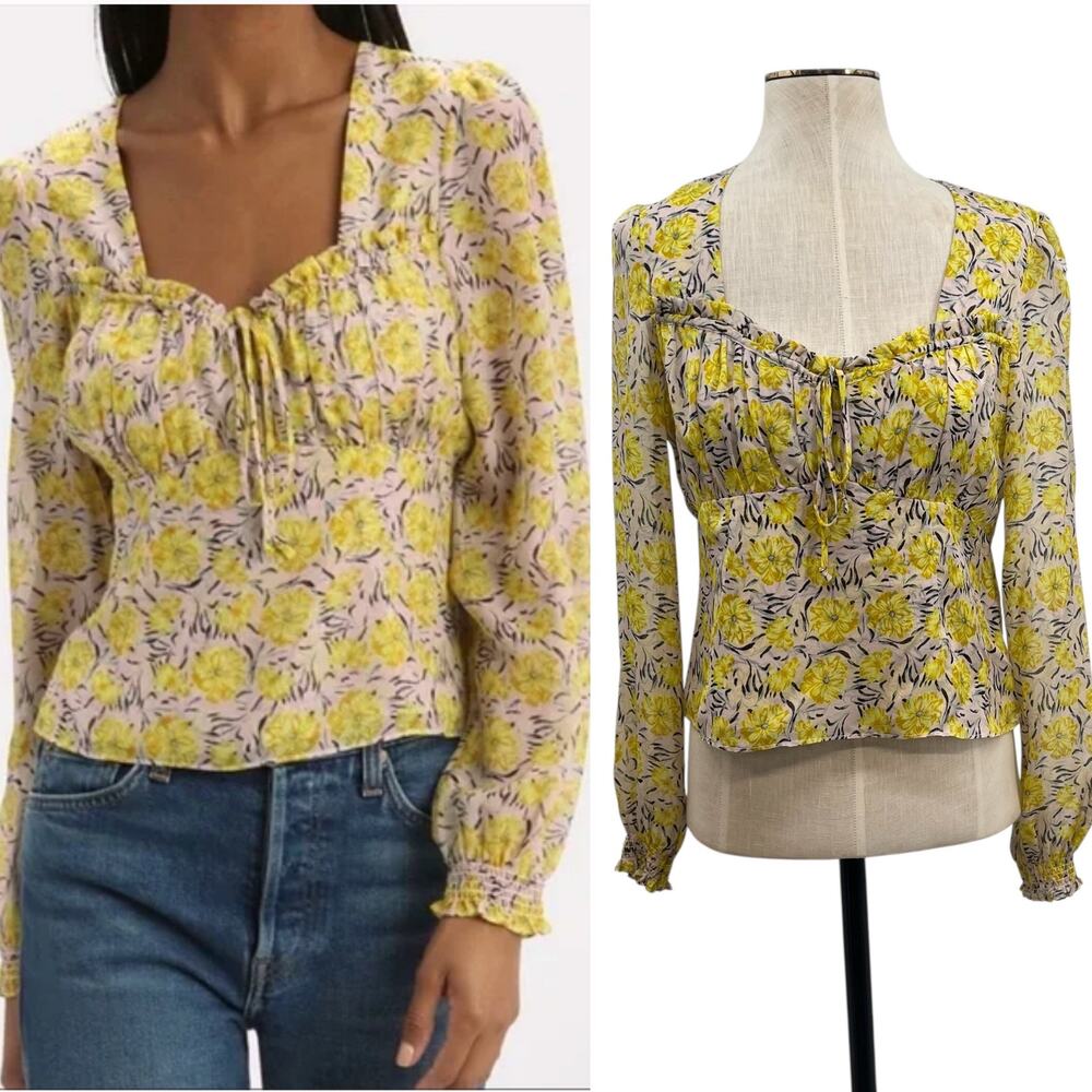 Intermix‎ Floral Print Silk Top Blouse Long Sleeve Yellow Gray Size 2